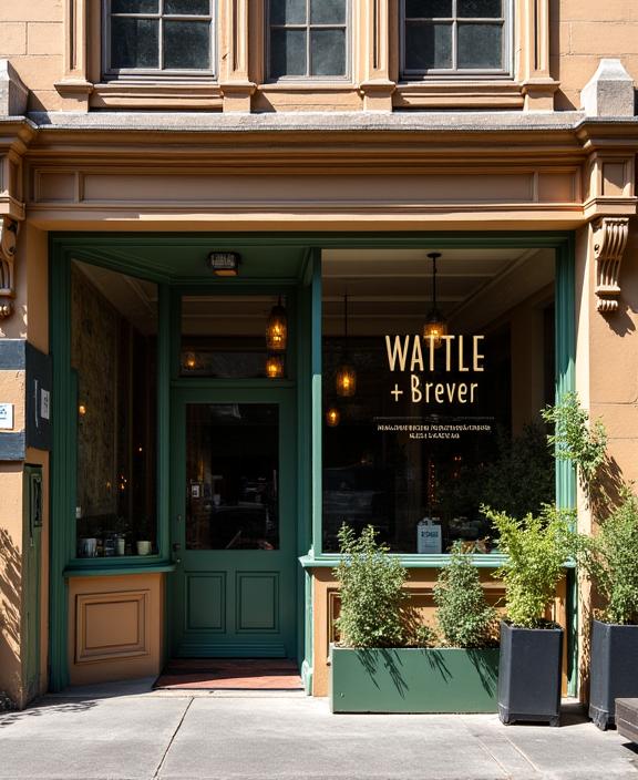 The charming storefront of Wattle & Brew on Flinders Lane, Melbourne.